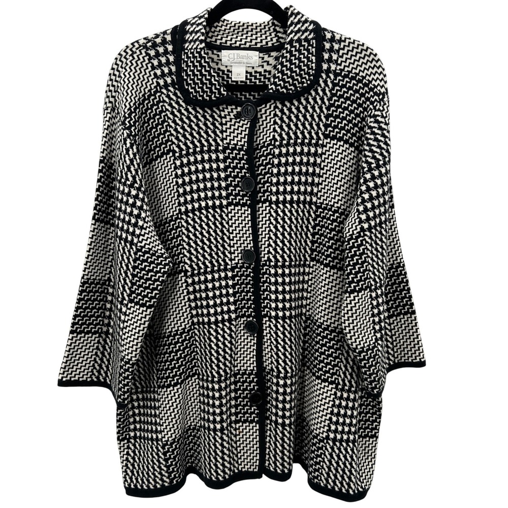 Christopher Banks Black White Houndstooth Knit Cardigan Sweater Women's Size XXL